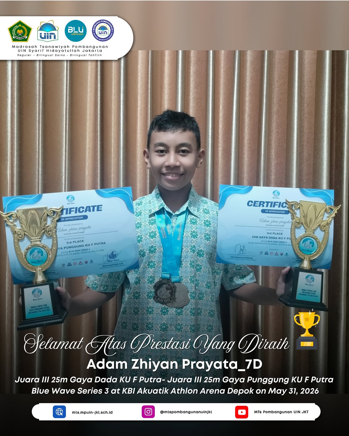 🥉 Juara III 25m Gaya Dada KU F Putra 🥉 Juara III 25m Gaya Punggung KU F Putra